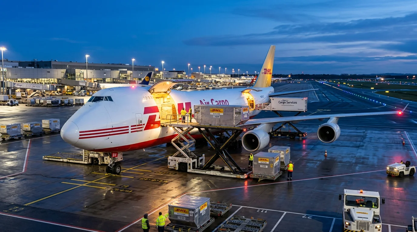 Cargo aircraft being loaded at an airport
