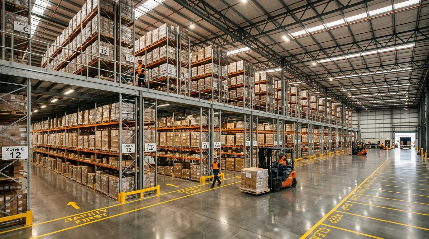 Warehouse shelves and stored goods