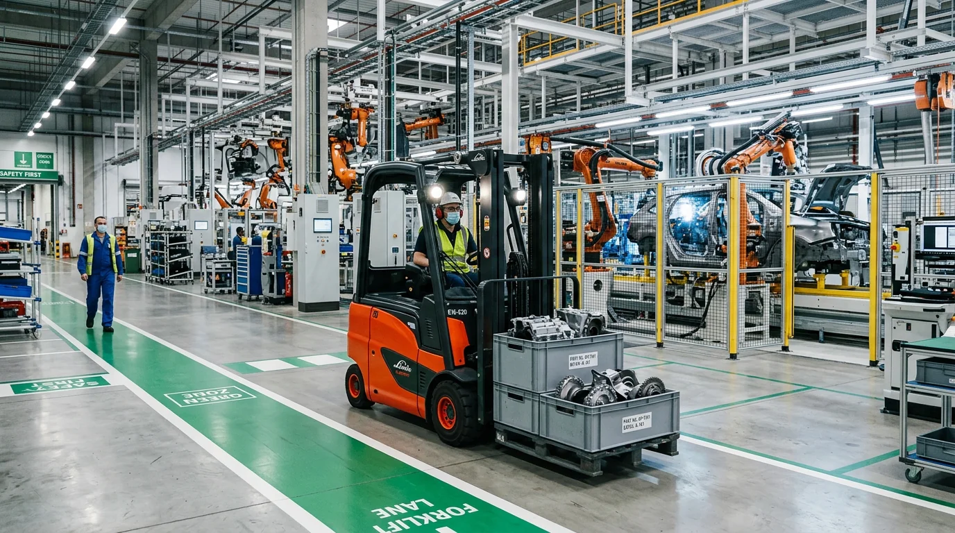 Forklift moving pallets inside a warehouse